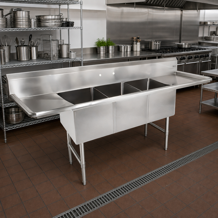 Product image #2 for John Boos B Series 3-Compartment Stainless Steel Sink with Left and Right Drainboards