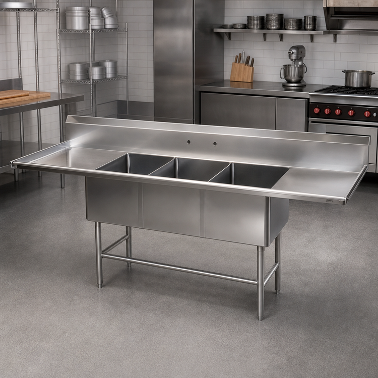 Product image #2 for John Boos B Series 3-Compartment Stainless Steel Sink with Left and Right Drainboards