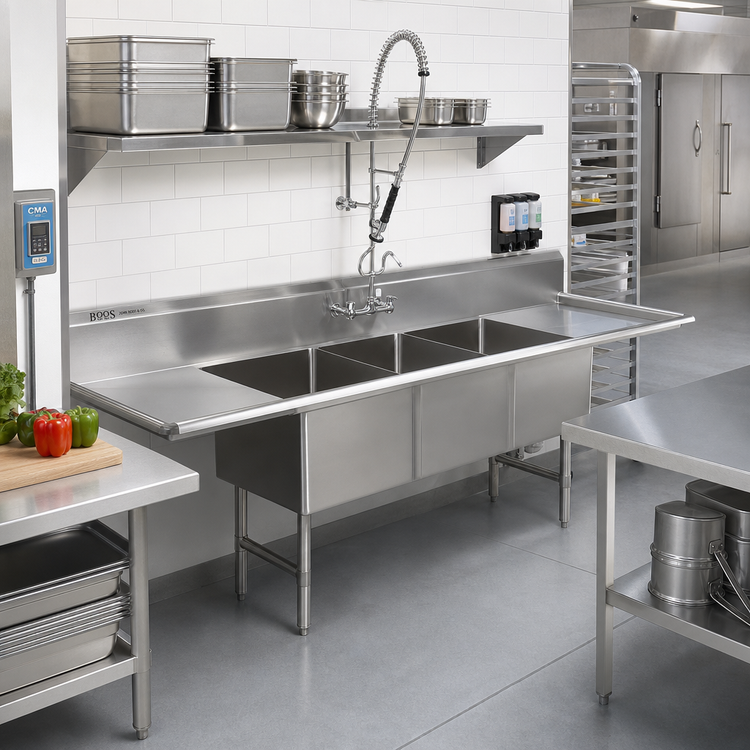 Product image #2 for John Boos B Series 3-Compartment Stainless Steel Sink with Left and Right Drainboards