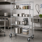 Thumbnail image #2 for Quantum M1860C47RE Mobile Wire Shelving Cart, 60 x 18 x 80 Inches, 4 Shelves, Chrome Finish, Locking Casters