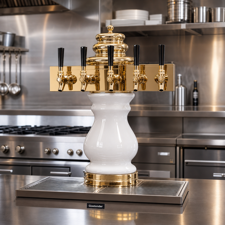 Product image #2 for Glastender Braumeister 4-Faucet Polished Brass Air-Cooled Draft Dispensing Tower with Ceramic Column and Drain Pan
