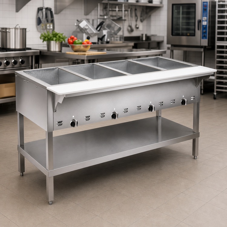 Product image #2 for Klinger's Trading HF3H Gas 3-Well Dry Heat Steam Table with Open Shelf Base and Cutting Board