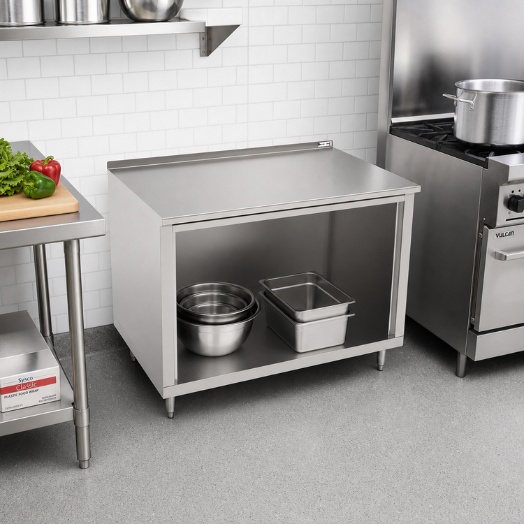 Product image #2 for Open-Front Cabinet Base Work Table with 14-Gauge 300 Series Stainless Steel Top, 36 x 36 Inches, 1-1/2 Inch Rear Riser