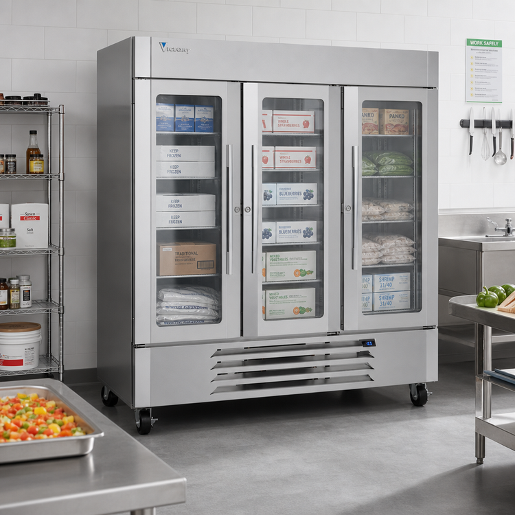 Product image #3 for Victory UltraSpec Three-Section Reach-In Glass Door Merchandiser Freezer, 69.03 Cu. Ft., Self-Contained, Bottom-Mounted Refrigeration