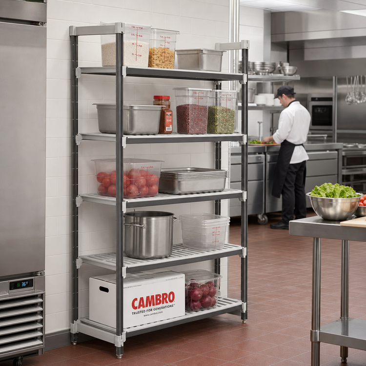 Product image #2 for Cambro Camshelving Elements XTRA 5-Tier Stationary Starter Polymer Shelving Unit, 21" x 24" x 84", Speckled Gray
