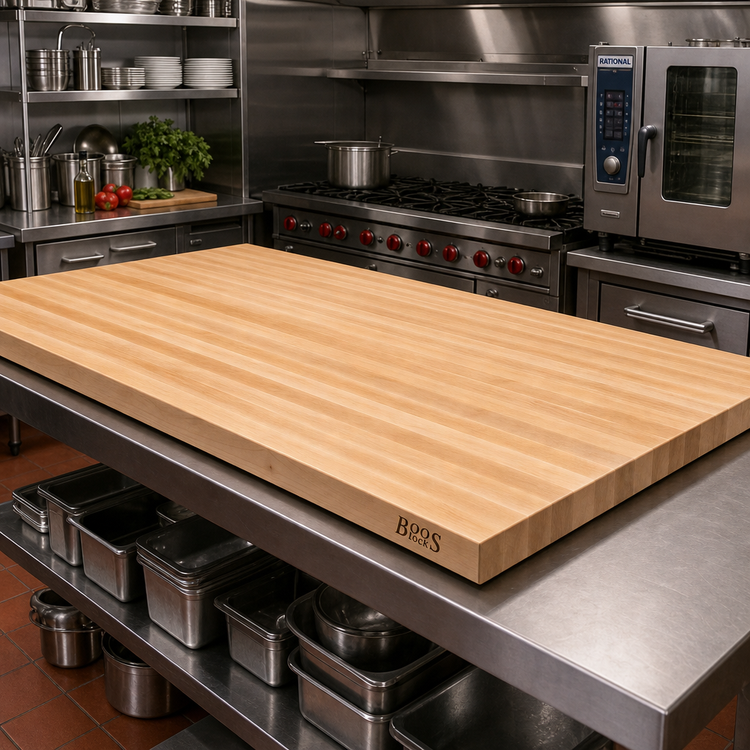 Product image #2 for John Boos Boos Block 60 Inch x 27 Inch x 3 Inch Edge Grain Maple Kitchen Countertop with Varnique Finish