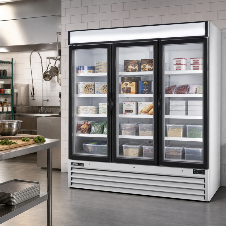 Product image #2 for Maxx Cold X-Series 3-Section Glass Door Freezer Merchandiser with Triple-Pane Self-Closing Doors, 72 Cu. Ft.
