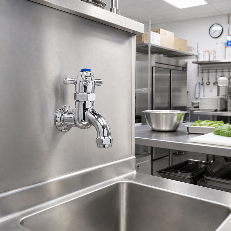 Product image #2 for Krowne Royal Series Self-Closing Metering Lavatory Faucet, Wall-Mount, Fixed Spout, Brass