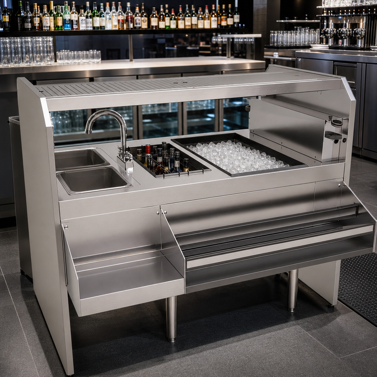 Product image #2 for Glastender PSA-54L 54-Inch Leftward Pass-Thru Cocktail Station with Ice Bin, 8-Bottle Insulated Storage Well and Dual Wet Waste Sinks