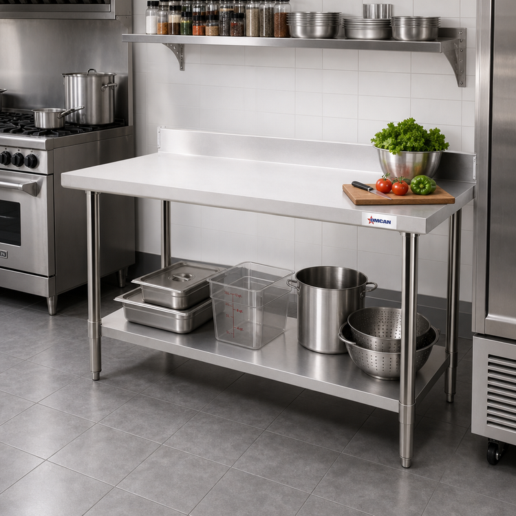 Product image #2 for Omcan 72-Inch Stainless Steel Work Table with 4-Inch Backsplash and Undershelf