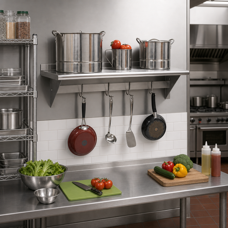 Product image #2 for 72 Inch x 18 Inch Wall-Mounted Stainless Steel Shelf with Pot Rack