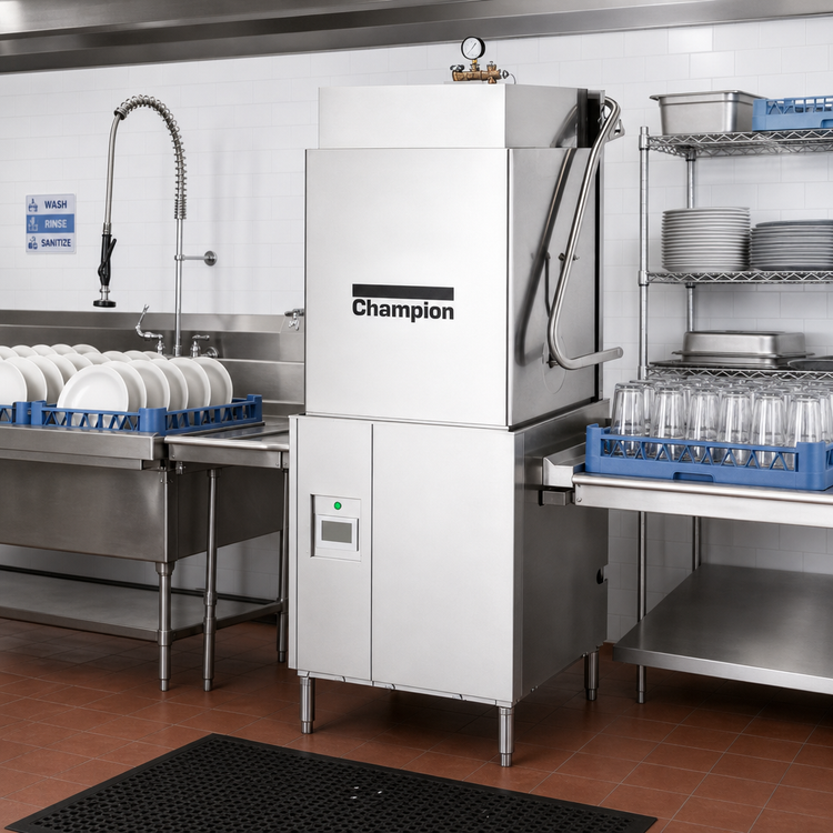 Product image #2 for Champion Genesis DH-6000T High-Temperature Door-Type Dishwasher, 60 Racks/Hour, Extended Hood