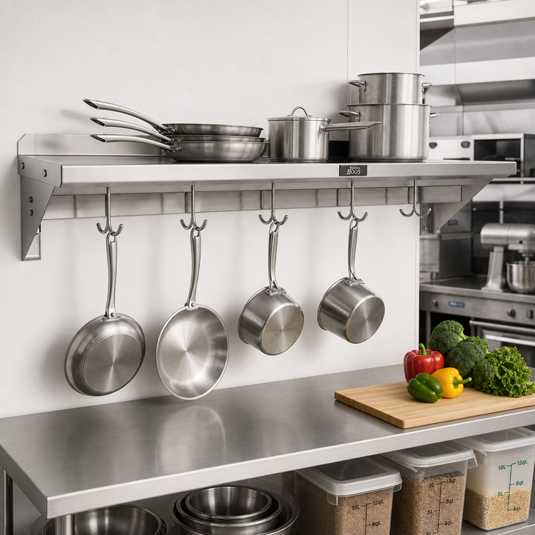 Product image #2 for John Boos Stallion Wall-Mount Stainless Steel Pot Rack Shelf with 5 Hooks, 60 x 18 Inches