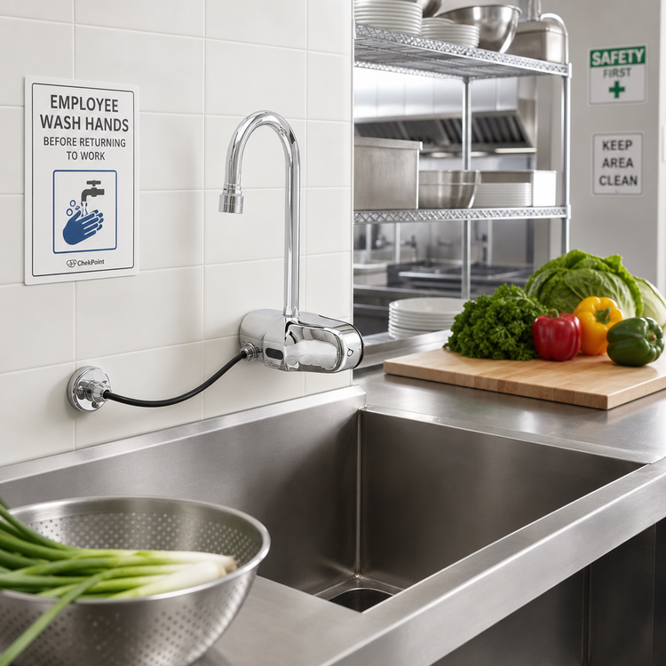 Product image #2 for ChekPoint Wall-Mount Touchless Electronic Faucet with Rigid Gooseneck Spout, 4-Inch Centers, 0.5 GPM, and Thermostatic Mixing Valve