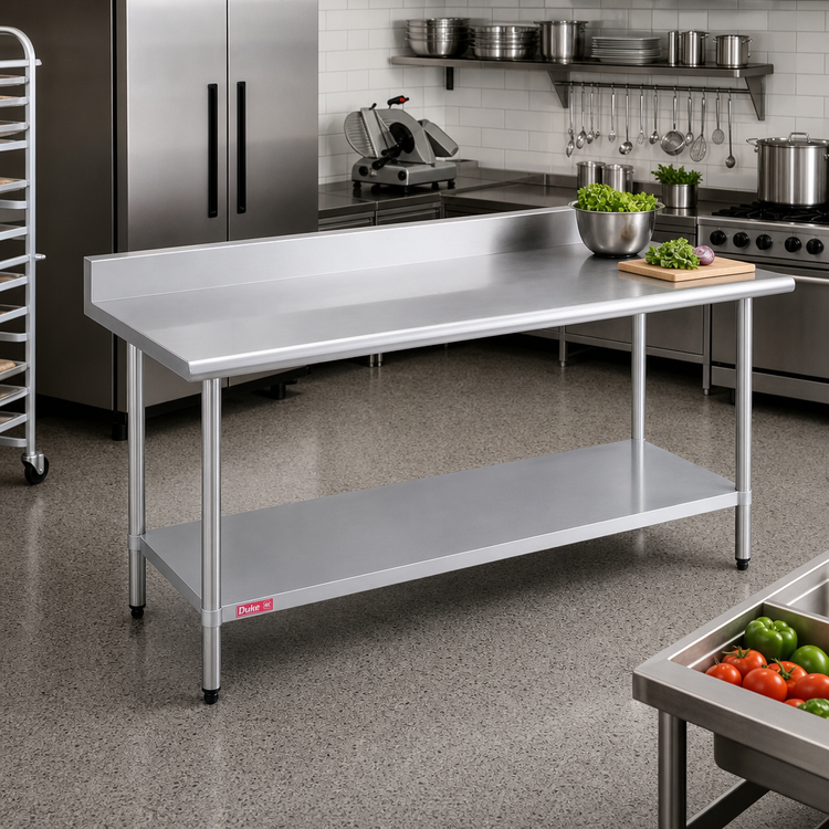 Product image #2 for Duke 72-Inch x 24-Inch 16-Gauge 400-Series Stainless Steel Work Table with 5-Inch Riser and Galvanized Undershelf