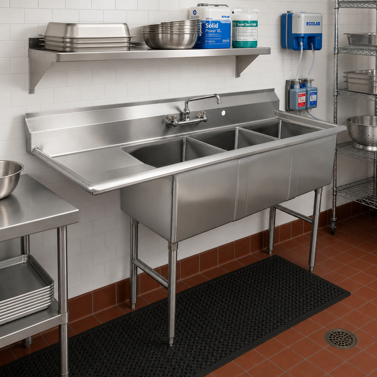 Product image #2 for Advance Tabco 3-Compartment Floor Model Fabricated Stainless Steel Sink with 18-Inch Left Drainboard