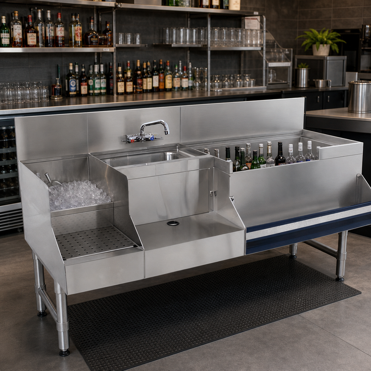 Product image #2 for Advance Tabco Prestige Uni-Serv 48-Inch Stainless Steel Underbar Speed Bar with Left Ice Bin, Sink, and Blender Recess
