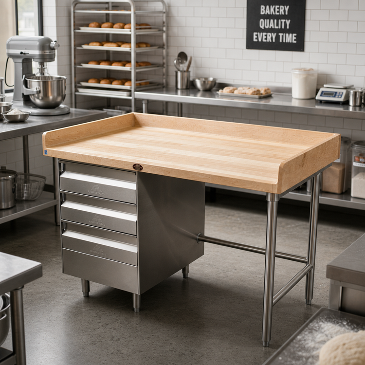 Product image #2 for Advance Tabco Bakers' Top Wood Work Table with Left 3-Tier Drawers and 4-Inch Splash, 48 x 36 Inches