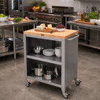 Thumbnail image #2 for John Boos CUFC-M1830-X Mobile Serving Cart with Removable Maple Cutting Board Top, Stainless Steel Base, 2 Perforated Shelves, Locking Casters