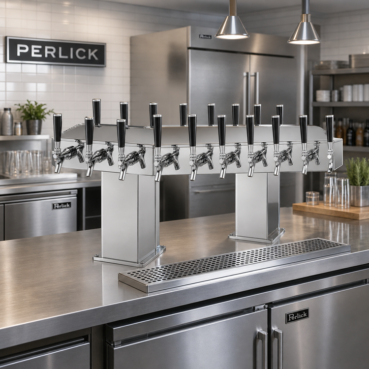 Product image #2 for Perlick Extra High Back-to-Back Bridge Tee Countertop Glycol-Cooled Draft Beer Tower, 32 Faucets, Polished Chrome
