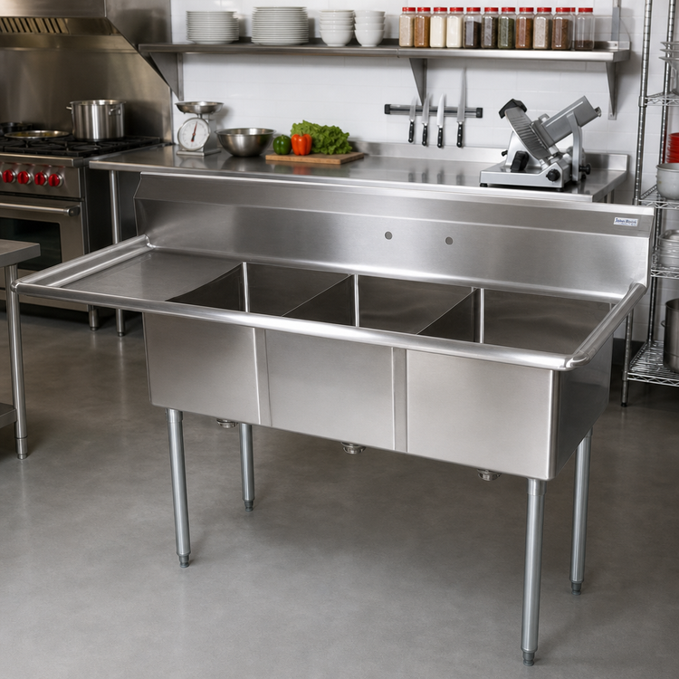 Product image #2 for John Boos E-Series 3-Compartment Stainless Steel Sink with Left Drainboard, 74-1/2 Inch W