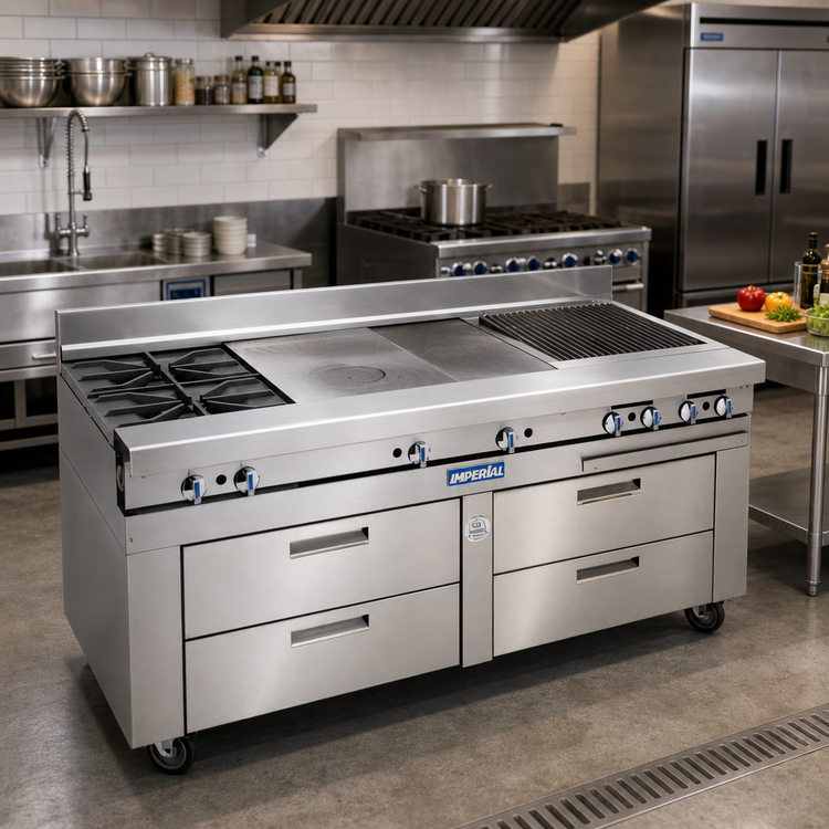 Product image #2 for Imperial Spec Series Sizzle 'N Chill 72-Inch Self-Contained Refrigerated Drawer Base with 4 Drawers