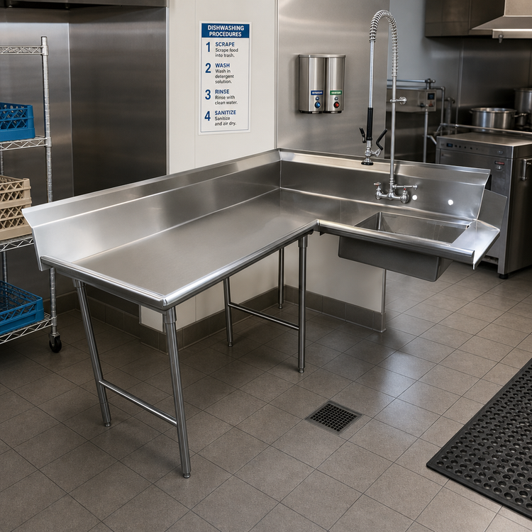 Product image #2 for Advance Tabco Korner L-Shaped Left-Hand Soil Dishtable with Pre-Rinse Sink, 59 Inch, 304 Stainless Steel