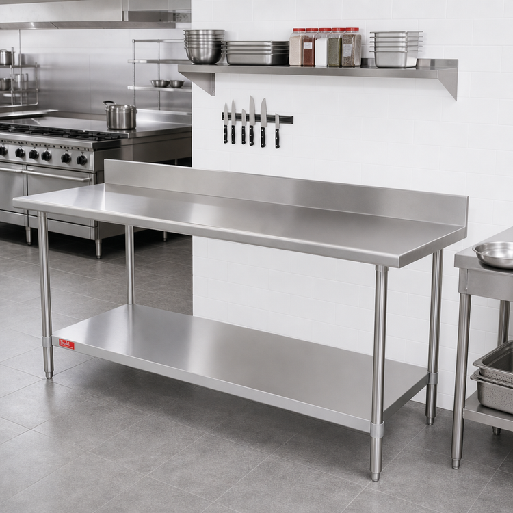 Product image #2 for Duke 30 x 144 Inch 14-Gauge 300 Series Stainless Steel Work Table with 5-Inch Riser and Undershelf