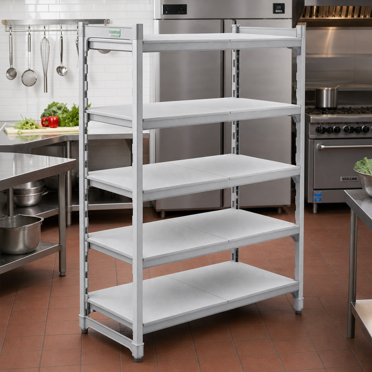 Product image #3 for Cambro Camshelving Premium 18" x 60" Solid Polymer Shelf Kit, 5 Shelves, Speckled Gray
