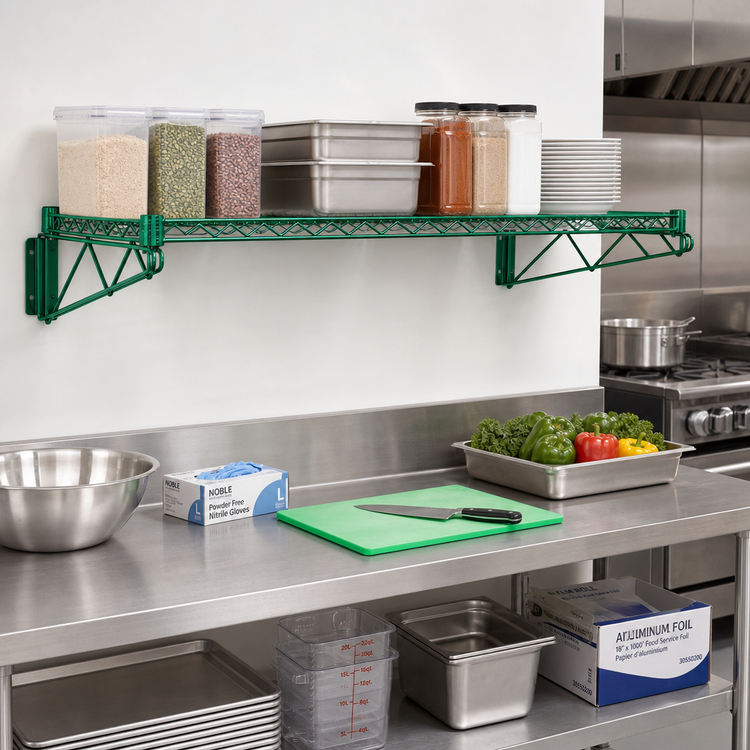 Product image #2 for Quantum Wall-Mounted Cantilever Single Wire Shelf, 72-Inch W x 18-Inch D, Green Epoxy Antimicrobial Finish
