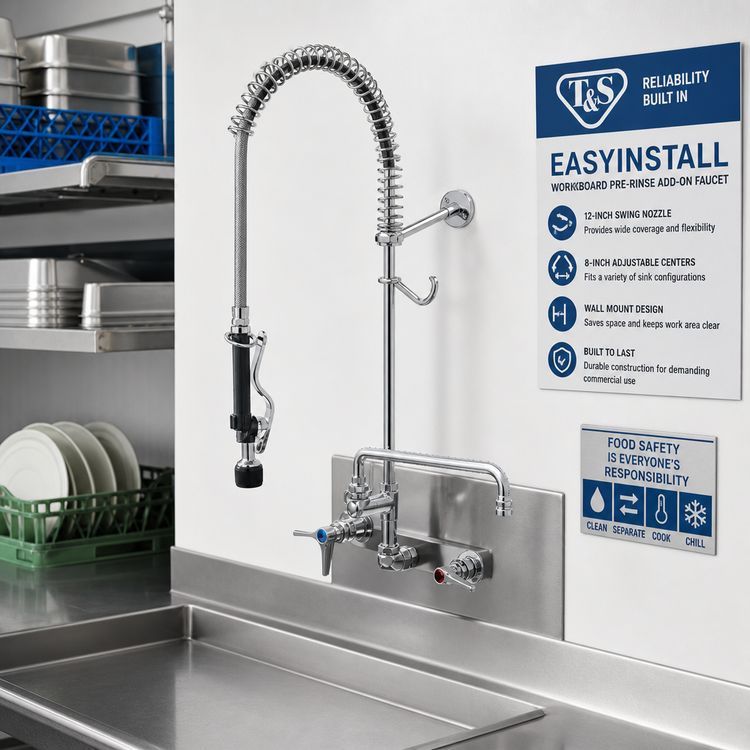 Product image #2 for T&S Brass EasyInstall Workboard Pre-Rinse Add-On Faucet with 12-Inch Swing Nozzle, 8-Inch Adjustable Centers, Wall Mount