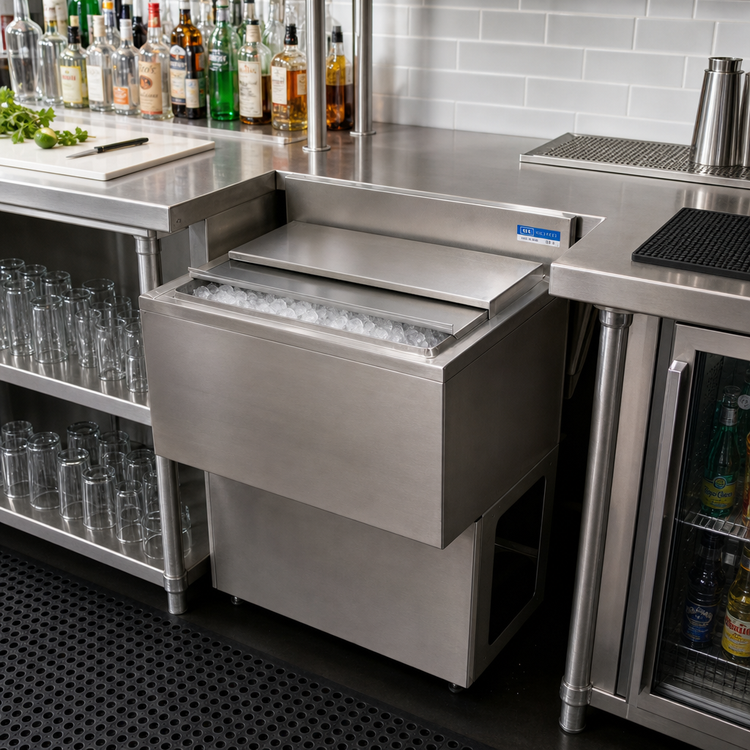 Product image #3 for BK Resources 30 Inch Underbar Stainless Steel Ice Bin with Sliding Cover, 80 lb Capacity