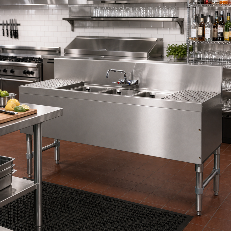 Product image #2 for Advance Tabco Prestige 3-Compartment Stainless Steel Underbar Sink Unit with Dual Drainboards and Splash-Mount Faucet