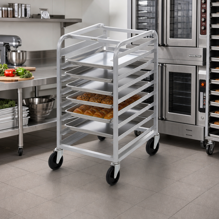 Product image #2 for Channel Manufacturing Under-Counter Aluminum End-Load Bun Pan Rack with 8-Pan Capacity and 5-Inch Swivel Casters