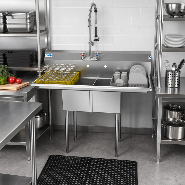 Product image #2 for KoolMore 48-Inch Commercial 2-Compartment Stainless Steel Sink with Left and Right Drainboards and Backsplash