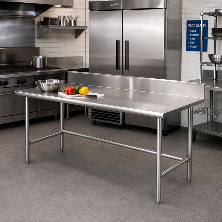 Product image #2 for Advance Tabco 108-Inch x 30-Inch 14-Gauge 304 Stainless Steel Open Base Work Table with 5-Inch Backsplash