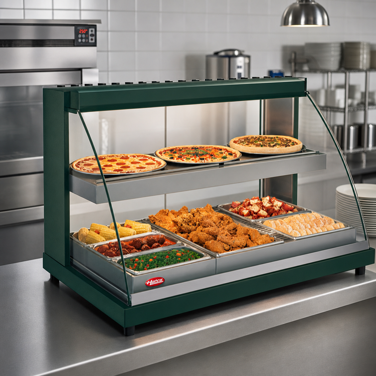 Product image #2 for Hatco Glo-Ray Designer Curved Glass Humidified Dual-Shelf Countertop Hot Food Display Case, 3-Pan, 120V