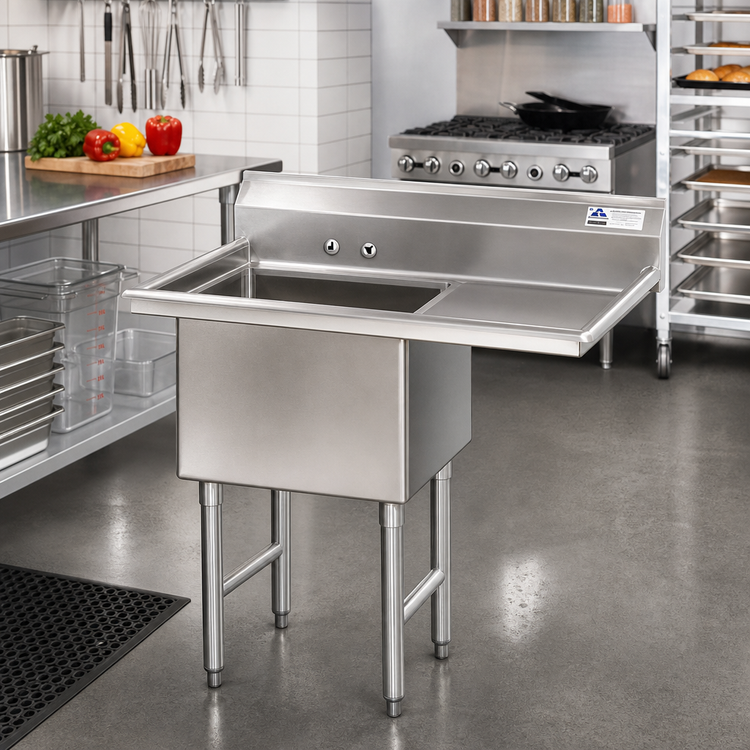 Product image #2 for Advance Tabco Freestanding 1-Compartment Fabricated Sink with Right Drainboard, 24" x 24" x 14" Bowl, 304 Stainless Steel