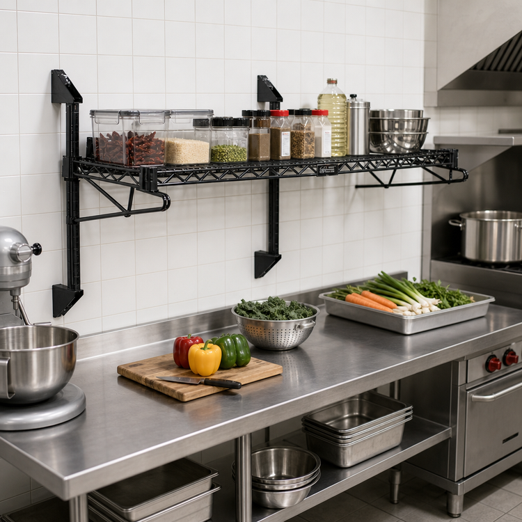 Product image #2 for Quantum Wall-Mount Cantilever Single Shelf Wire Shelving Unit, 60 x 14 Inches, Black Epoxy