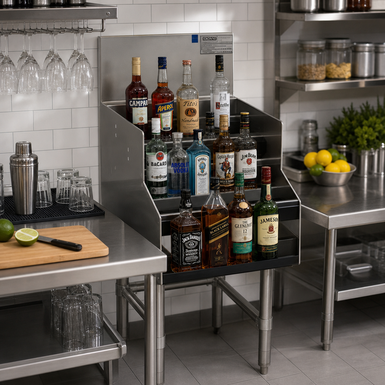 Product image #2 for Spec-Bar 30-Inch Wide x 29-Inch Deep Liquor Bottle Display Unit, Single Speed Rail Alignment, 4-Step Open Design