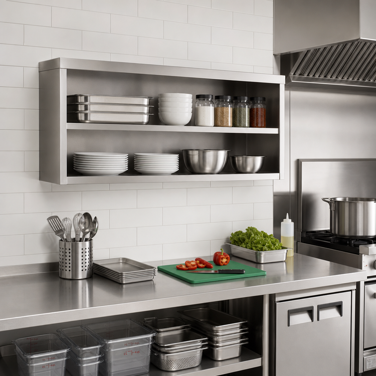 Product image #2 for Wall-Mounted Open Front Stainless Steel Cabinet with Intermediate Shelf, 48 x 15 Inches
