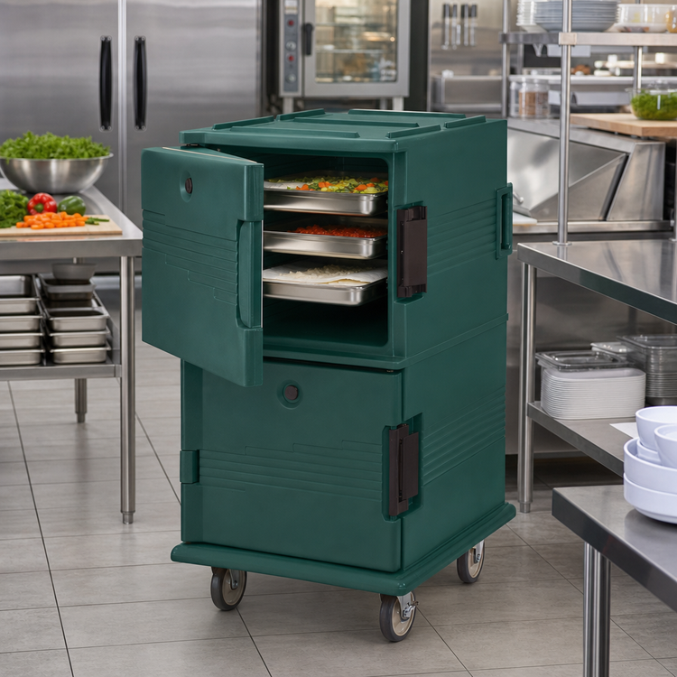 Product image #3 for Cambro Ultra Camcart Double-Compartment Front-Loading Insulated Food Pan Carrier, Granite Green