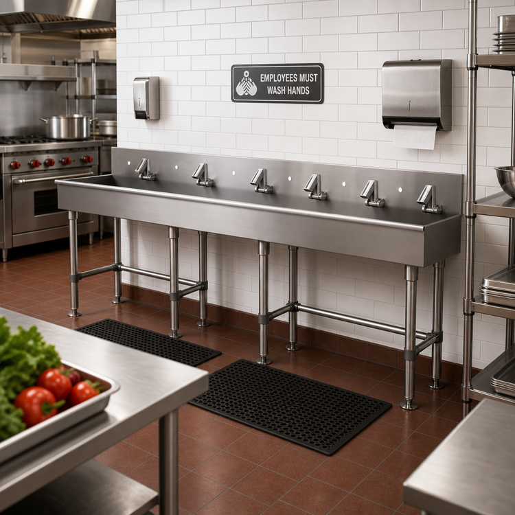 Product image #2 for Advance Tabco 100-Inch ADA-Compliant Freestanding Multiwash Hand Sink with 5 Wrist-Blade Faucets
