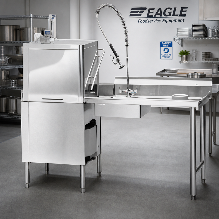 Product image #2 for Eagle Group 96-Inch Straight Soiled Dishtable with Right-to-Left Operation, 8-Inch Backsplash, and Pre-Rinse Sink