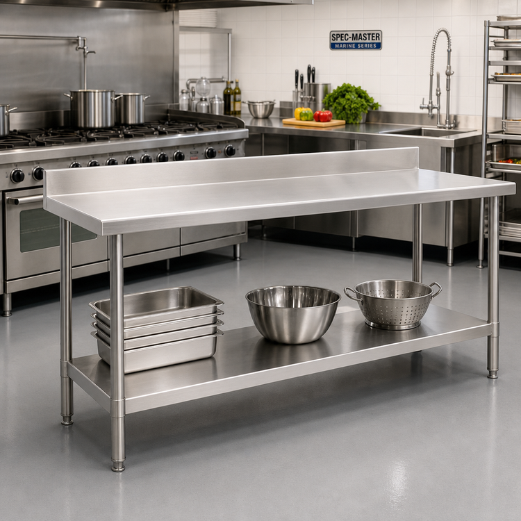 Product image #2 for Spec-Master Marine Series 108-Inch x 30-Inch Stainless Steel Work Table with Backsplash and Undershelf