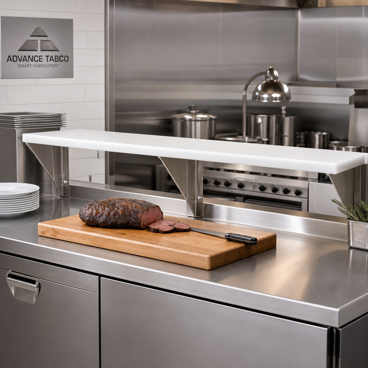 Product image #2 for Advance Tabco Triumph Supreme 93-1/16" Stainless Steel Carving Station Shelf with Removable White Poly Cutting Board