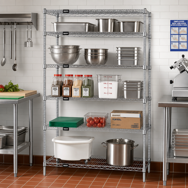 Product image #2 for Quantum 48"W x 12"D x 74"H Wire Shelving Starter Kit, 5 Shelves, Chrome Plated, Stationary