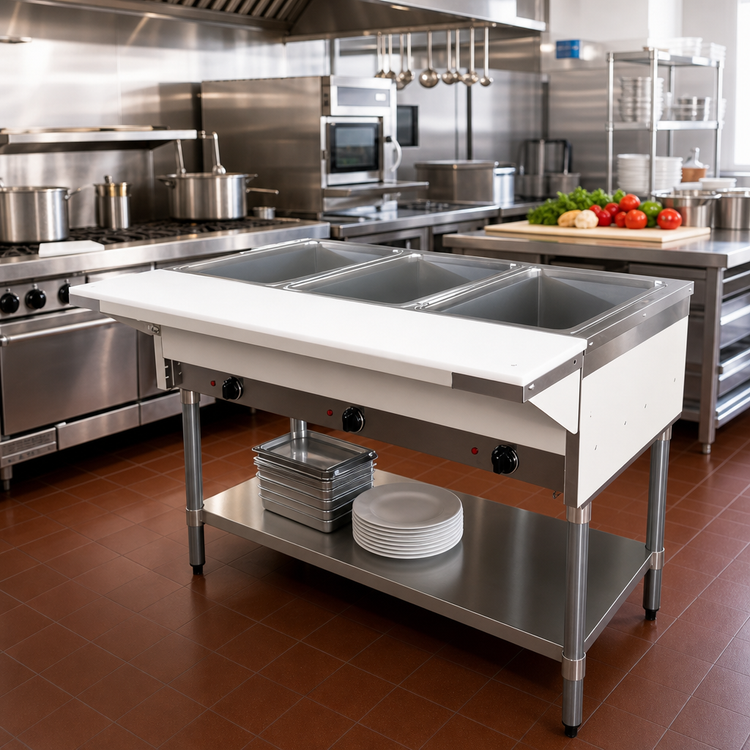 Product image #2 for Omcan Natural Gas Open Well Steam Table, 3 Full-Size Pan Capacity, with Cutting Board and Undershelf