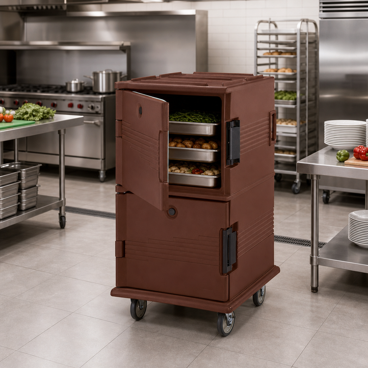 Product image #3 for Cambro Ultra Camcart Double-Compartment Front-Loading Insulated Food Pan Carrier, Dark Brown
