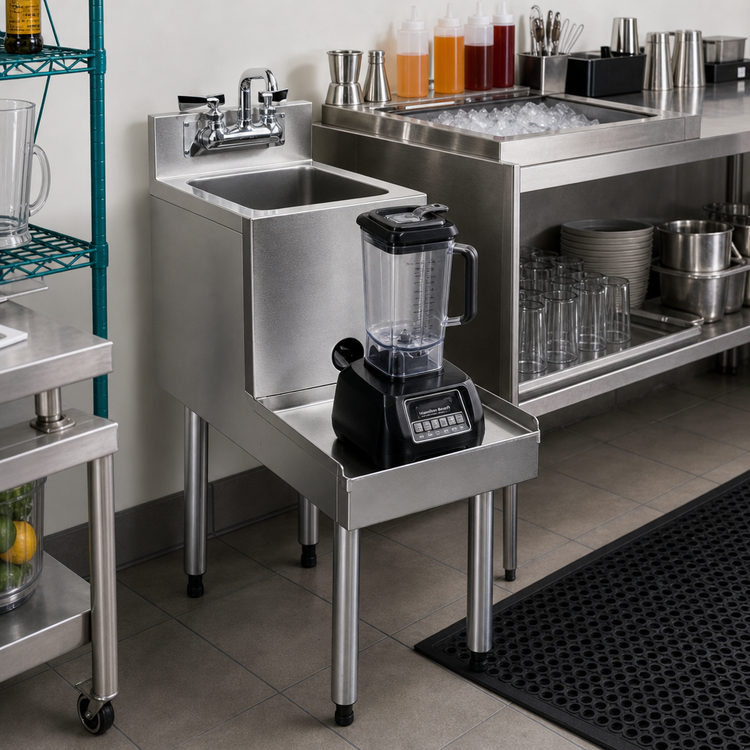 Product image #2 for CHOICE Freestanding Stainless Steel Underbar Blender Station with Sink and Backsplash, 12" x 24"